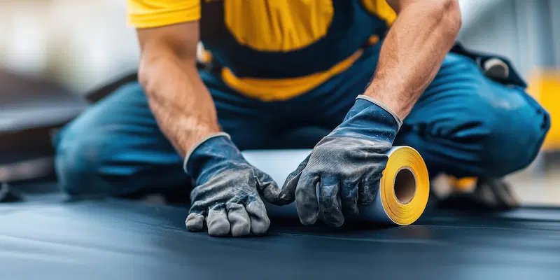 A contractor installing a waterproof membrane