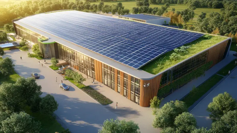 A modern building featuring a green roof