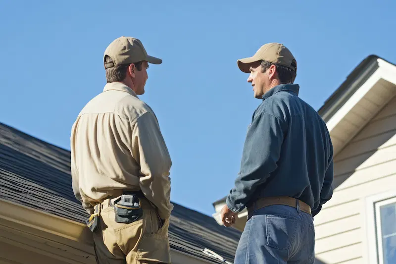 A roofer discussing options with a homeowner.