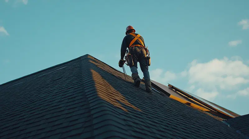 A roofer replacing asphalt shingles in a suburban home