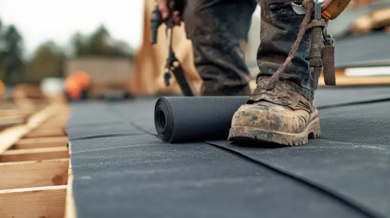 Contractor installing underlayment and weatherproofing