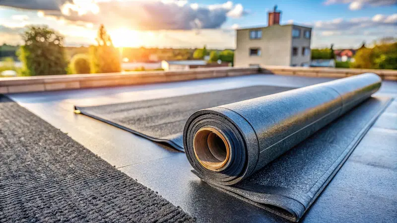 Flat roof being installed with bitumen roofing