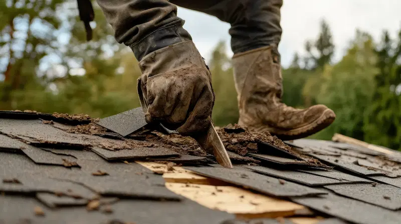 Removal of old shingles by a roofing contractor