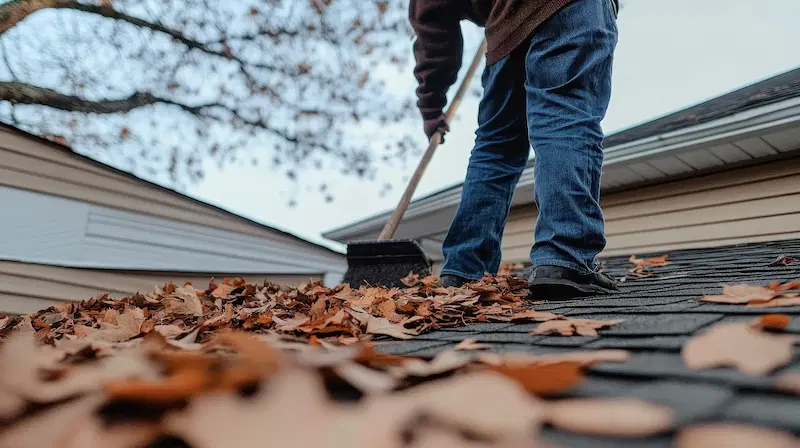 Roofer cleaning and repairing a roof in autumn
