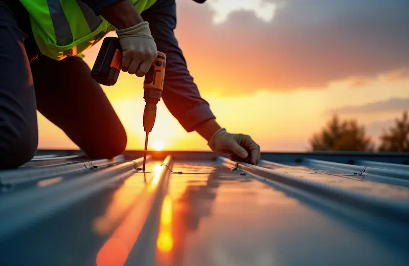 Roofer installing a metal roof with a drill