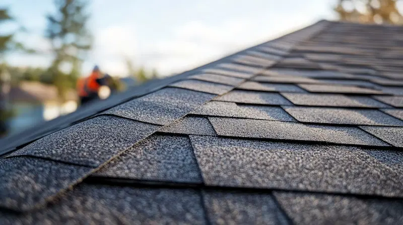 Roofers replacing an asphalt shingle roof in a home