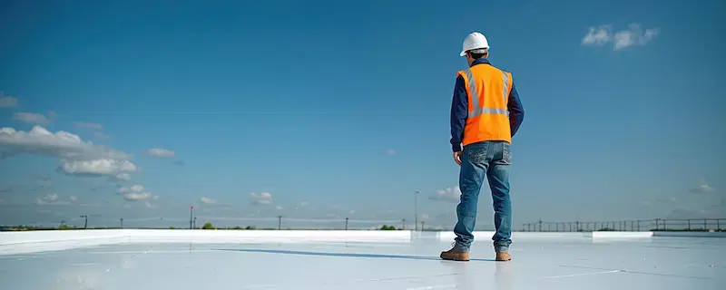 Roofing contractor inspecting a flat roof