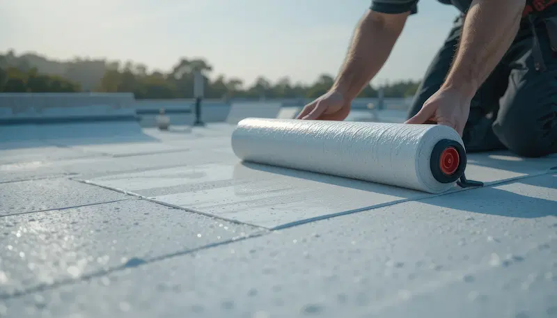 TPO roofing installation with roller