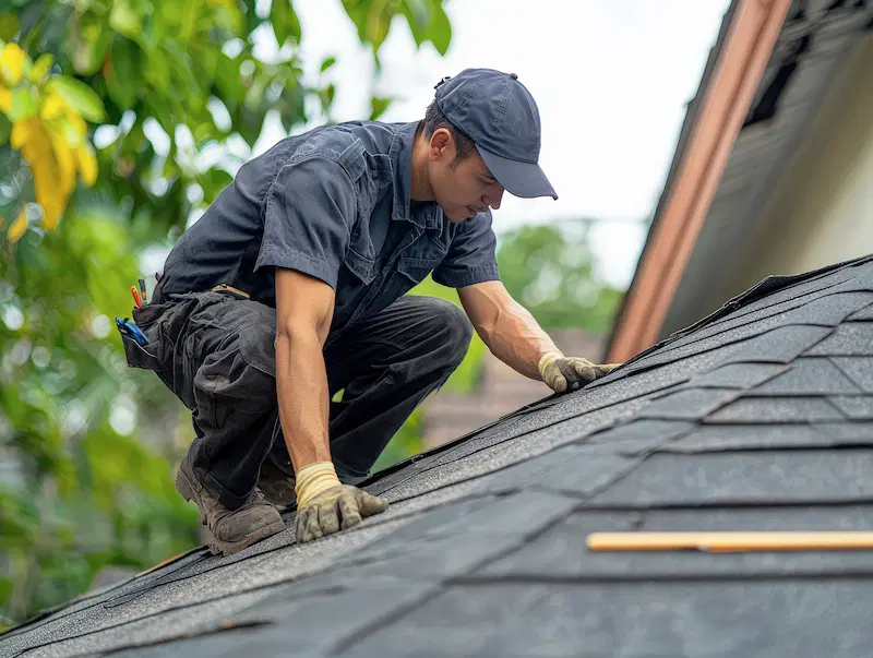 Worker inspecting roof specifications of a home